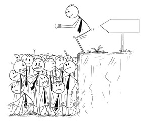 Cartoon stick man drawing conceptual illustration of businessman ready to jump in shallow water of saturated or oversaturated market. Business metaphor. There is empty sign for your text.