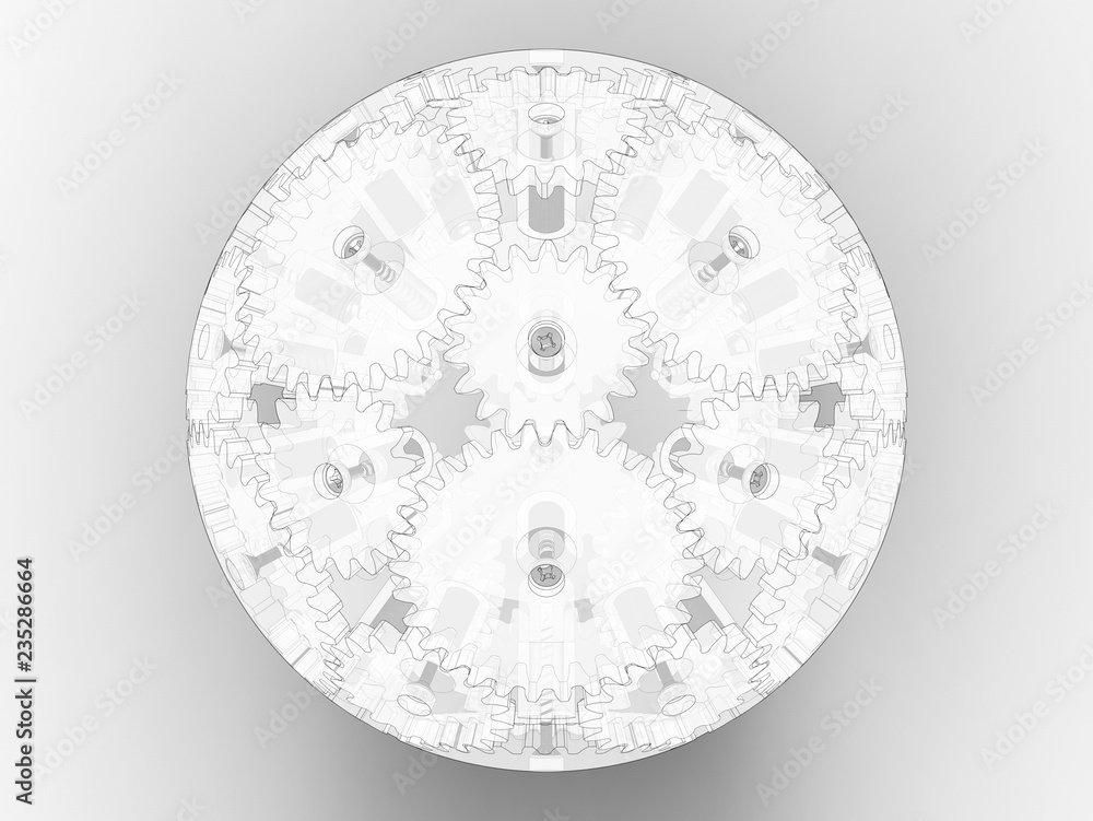 Poster 3d render - outlined gears in form of a sphere