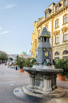 Pecs, Hungary - October 06, 2018: Zsolnay fountain landmark Pecs