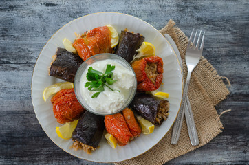 Turkish cuisine - DOLMA - Homemade  stuffed dried eggplant  and red pepper,