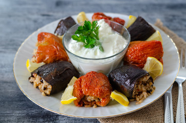 Turkish cuisine - DOLMA - Homemade  stuffed dried eggplant  and red pepper,