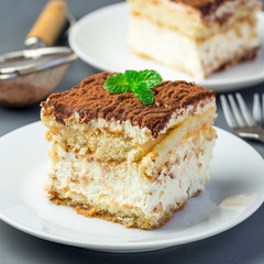 Piece of traditional italian Tiramisu dessert cake on a white plate, decorated with cocoa powder and mint, on gray background, square format