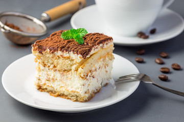 Piece of traditional italian Tiramisu dessert cake on white plate, decorated with cocoa powder and mint, on gray background, horizontal
