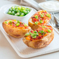 Baked loaded potato skins with cheddar cheese and bacon on a ceramic plate, garnished with scallions and sour cream, square format