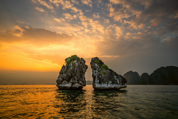 Aerial view of Hon Ga Choi Island (Fighting Cocks Island), or Trong Mai Island (Cock and Hen...