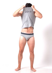 male model in underwear with the inscription 2019