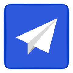 Vector image of a plane paper plane icon on a blue background. Button with a paper plane