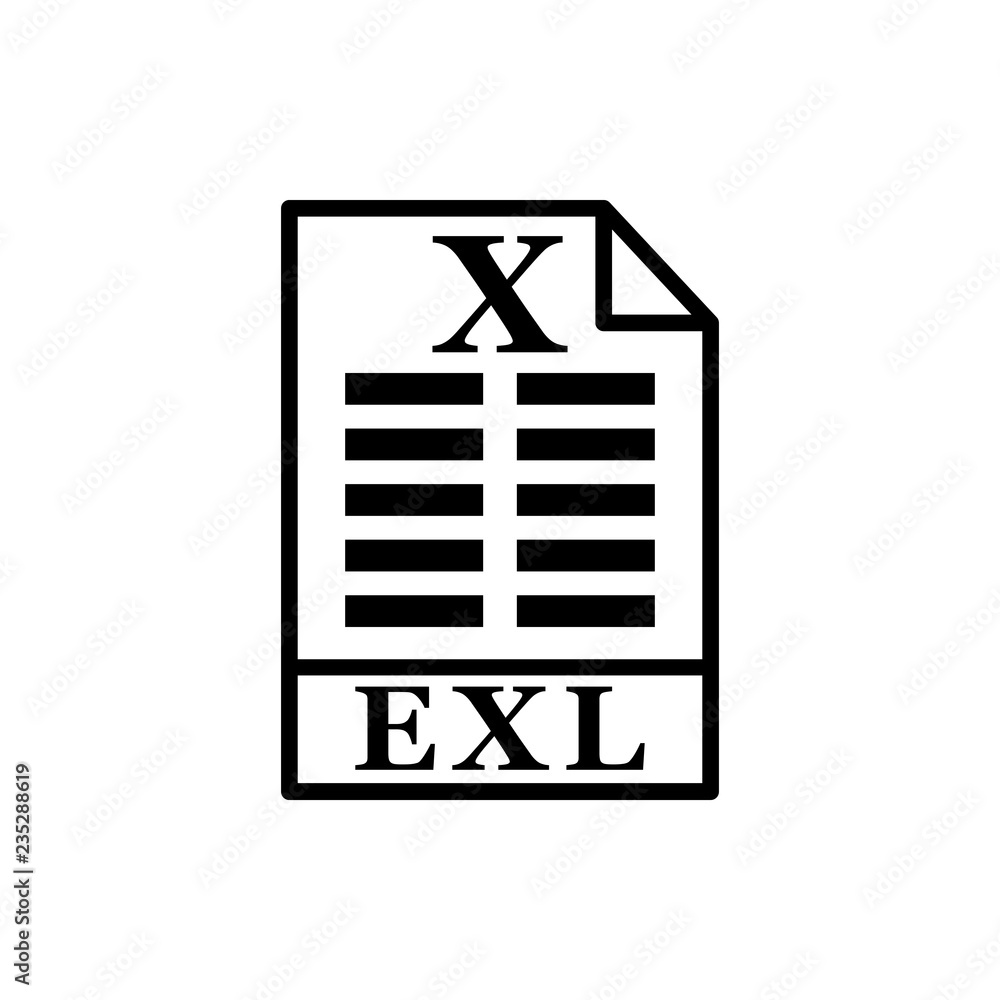 Aufkleber vector image of a flat black icons in excel, xls document format, on an isolated white background.