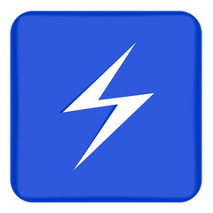 Vector image of a flat lightning icon on a blue background. Blue button with white lightning