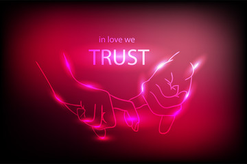 Holding hands, vector illustration. Neon, glowing effect.