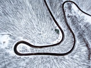 Aerial view of winding road in winter