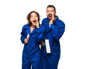 Painters shouting with mouth wide open and announcing something on isolated white background
