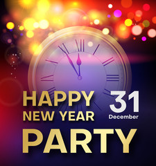 Happy New Year party shiny poster or invitation with clock.