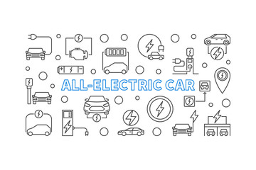 All-electric car horizontal outline banner. Vector illustration made with electric car linear icons