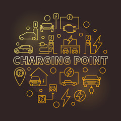 Fototapeta na wymiar Charging point round vector golden illustration made with charging stations and electric cars outline icons on dark background