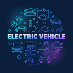 Fototapeta na wymiar Electric vehicle round vector bright illustration in outline style. EV concept creative sign on dark background