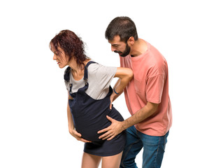 Couple with pregnant woman of childbirth on isolated white background