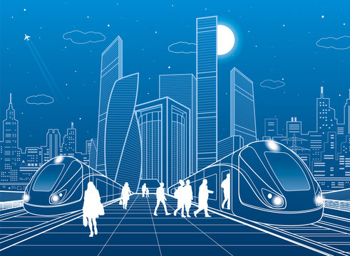 Two trains at railway station. Passengers on platform. Modern night town. Urban transportation illustration. City life scene. White lines on blue background. Vector design art