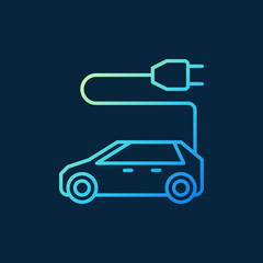 Vector electric car with plug colored icon or symbol in thin line style on dark background