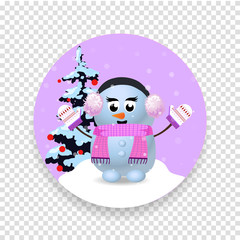 Christmas, new year round icon with cute snowman girl and fir tree