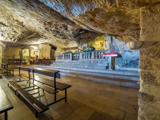 Apulia, Italy - Jul 17, 2018: Inside the shrine of the Sanctuary of San Michele Arcangelo, Monte...