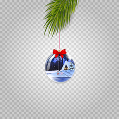 Vector Christmas tree branch with beautiful ball isolated on transparent background