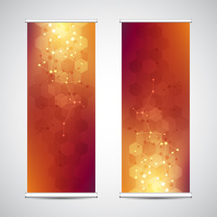 Roll up banner stands with abstract geometric background of molecular structure and genetic engineering. Hi-tech digital background. Vector illustration for technological or scientific modern design.