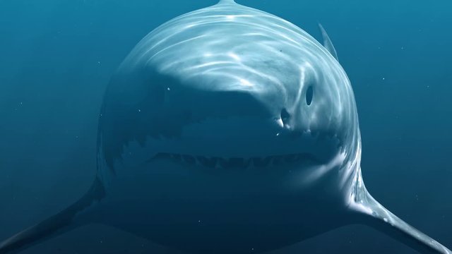 Great White Shark (Megalodon). Realistic 3d animation 4K.