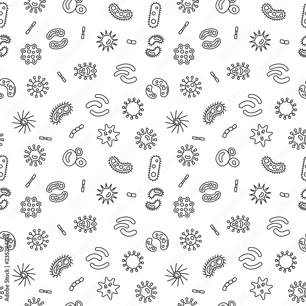 Poster infection bacteria and virus vector minimal seamless pattern or background in thin line style