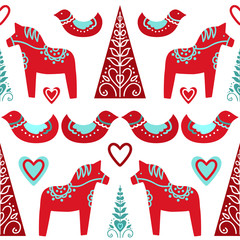 Seamless vector pattern with horses and birds in scandinavian folk style.