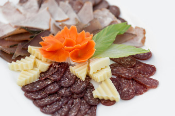 Different types delicacies of meat and cheese arranged in a plate over light background - selective focus