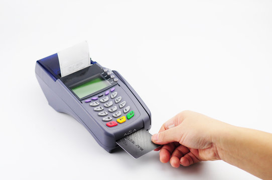 Credit card reader machine and smart card on white background