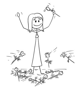 Cartoon stick drawing conceptual illustration of woman on stage to who was given standing ovation and flowers are thrown from audience. Metaphor of success.