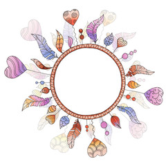 illustration with an abstract frame with hearts and feathers hand drawn