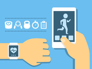 Vector fitness app on the screen of smartphone and tracker on the wrist in flat style