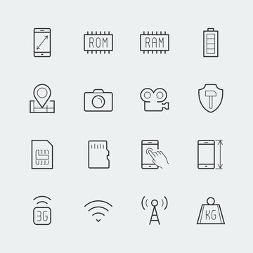 Smartphone parameters icon set: screen dimensions, resolution, ROM and RAM capacity, battery, GPS, camera and video, protection, number of sim cards and other