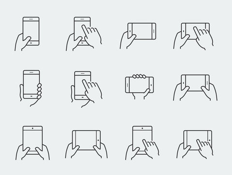 Icon set of hands holding smartphone and tablet