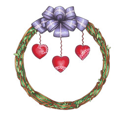 hand drawn illustration with wattled frame, bow and hearts