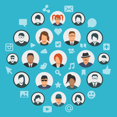 Conceptual illustration of social media cloud with people avatars and social network icons