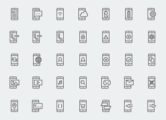 Smart-phone functions and apps vector icon set in outline style