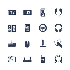Electronics and gadgets icon set: TV tuner, audio card, mp4 player, headphones, audio system, recorder, game wheel, keyboard, mouse, joystick, headset, graphics tablet, router, usb modem, cables
