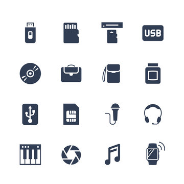 Electronics and gadgets icon set: flash drive, memory card, card reader, usb hdd, cd, laptop bag, camera bag, toner, sim card, microphone, headset, synthesizer, shutter, smart watch