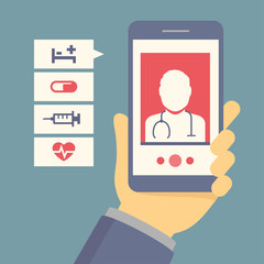 Vector flat concept of hand holding mobile phone with medical assistance, doctor consultation and featuring medical icons