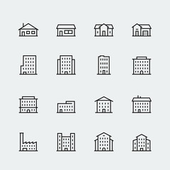 Buildings vector icon set in thin line style