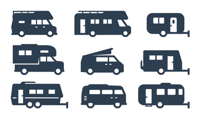 RV cars, recreational vehicles, camper vans icons - obrazy, fototapety, plakaty