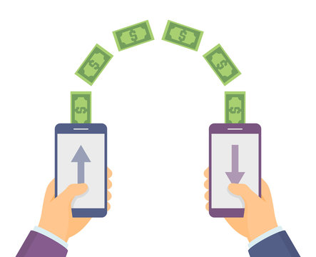 Hands holding smart phones which sending and receiving money wireless, flat design illustration