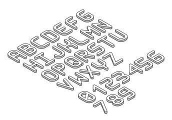 Isometric font alphabet in thin line style