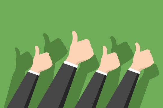 Thumbs-up on green background in flat design style. Positive feedback concept