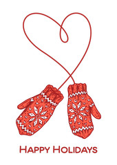 Engraving Christmas card with knitted mittens