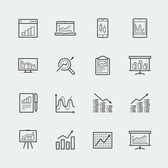 Devices and objects with charts and graphs icon set in thin line style